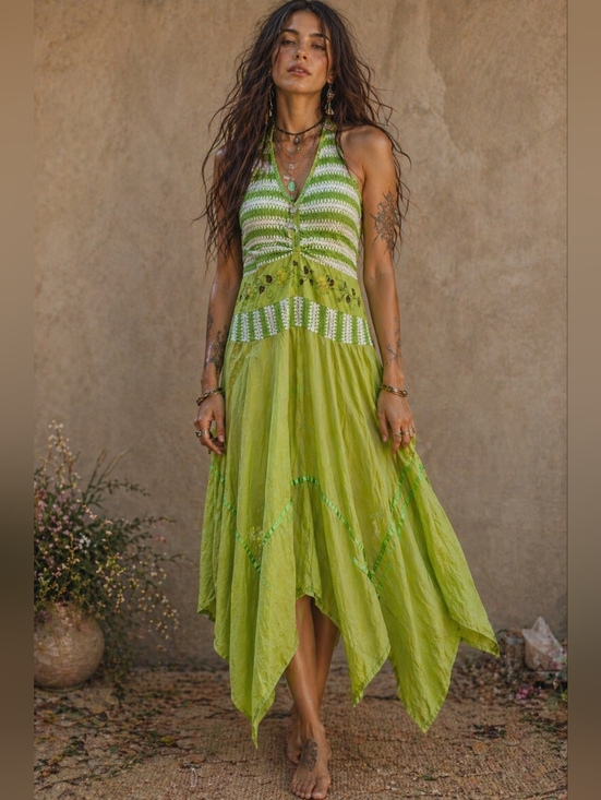 Dresses & Skirts - Fairycore Boho Hankerchief Dress Size S Floral Green Garden Fairy Whimsical